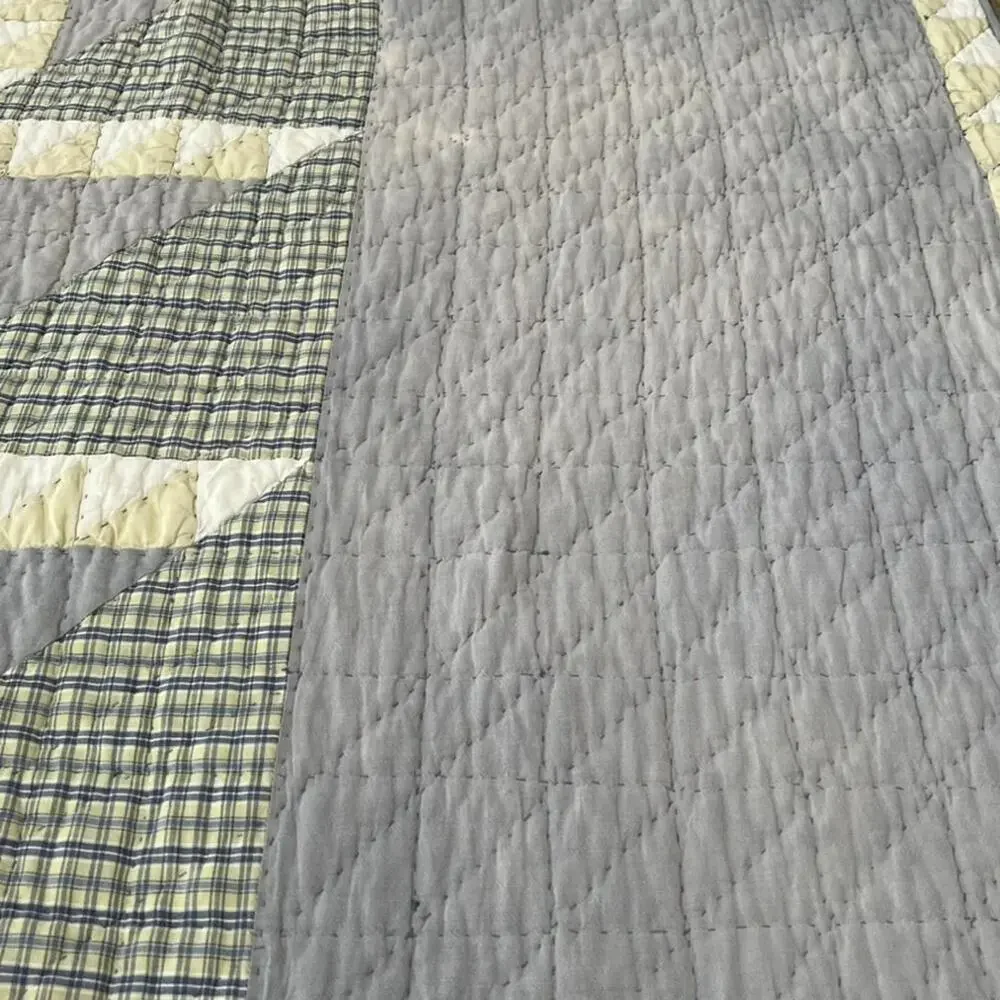 Vtg Smith & Johnson Cotton Patchwork Quilt Queen Gray Green Geometric Reversible